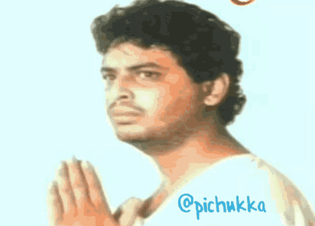 a man in a white shirt is praying with the name pichukka written below him