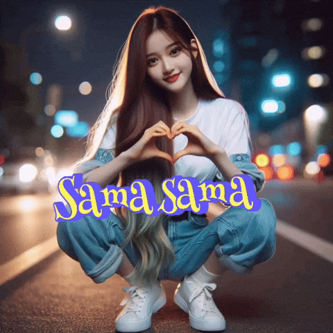 a girl is squatting down and making a heart shape with her hands with the name sama sama written on the bottom