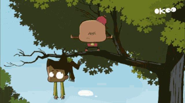 a cartoon of a boy hanging from a tree branch with the word okoo on the bottom