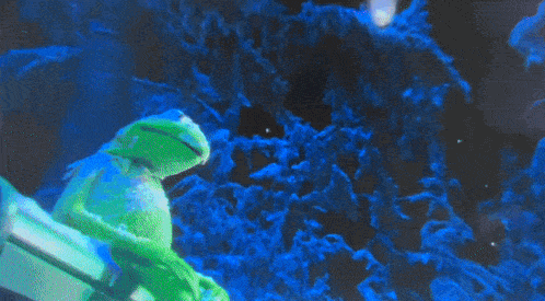kermit the frog is sitting in front of a blue aquarium