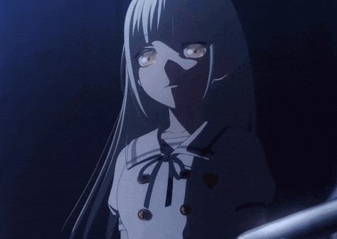 a girl with long white hair is standing in the dark with a shadow on her face
