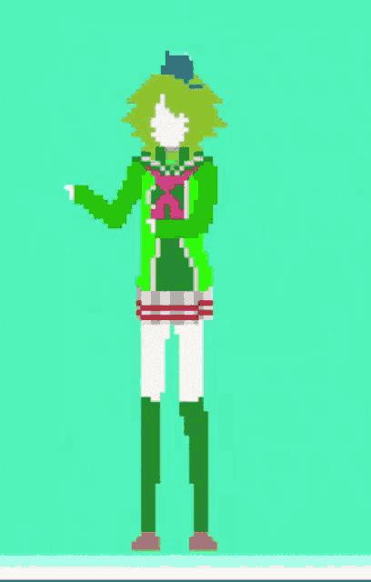 a pixel art of a girl wearing a green jacket and white shorts