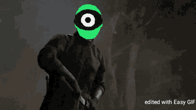 a pixel art of a person with a green eye and a sword
