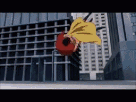 a cartoon character with a yellow cape is flying in the air