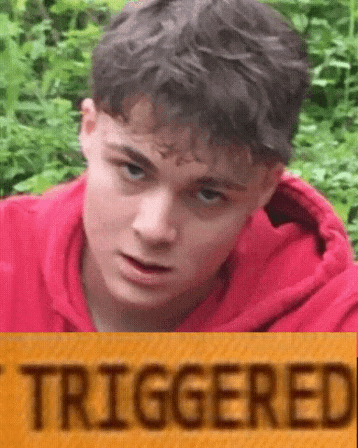 a young man in a red hoodie is looking at the camera with a yellow sign that says triggered behind him
