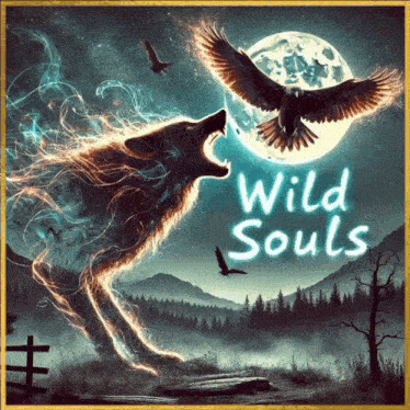 a poster of a wolf howling at the moon with the words wild souls