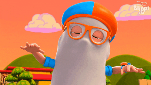 a cartoon character from blippi is wearing glasses and a blue and orange hat