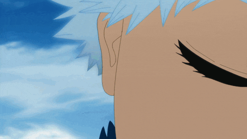a close up of a person 's face with white hair and pink eyes