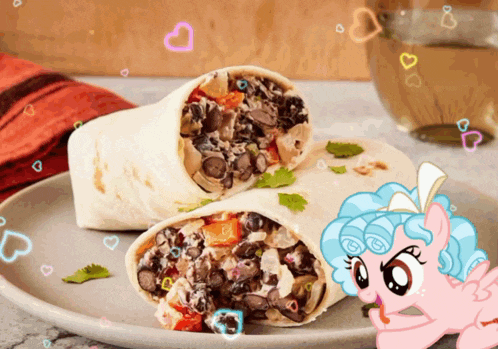 a burrito is on a plate next to a pony with blue hair