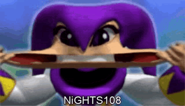 a purple cartoon character with the words nights 108 on the bottom right