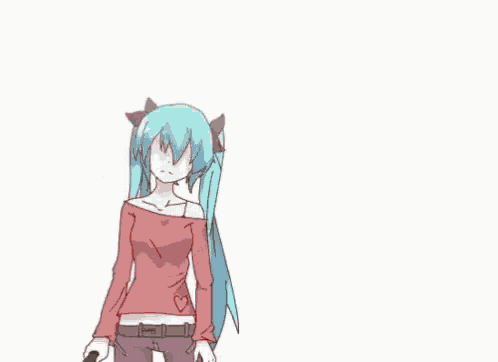 a girl with long blue hair is holding a sword in her hand .