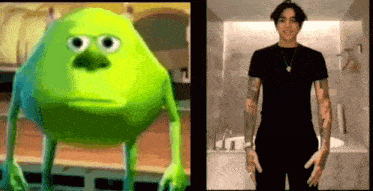 a green monster from monsters inc and a man in a black shirt are standing next to each other .