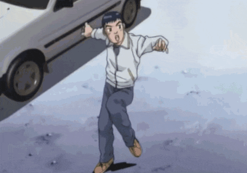 a man in a white jacket and blue pants is running in front of a white car