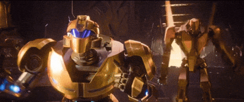 a yellow robot with a blue eye is standing in a dark room