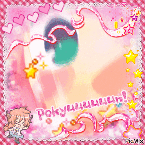 a pink background with hearts and stars and the words pokyuuuuun written in white