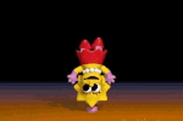 a 3d rendering of a cartoon character in a yellow dress and red hat .