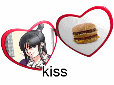 a picture of a girl next to a picture of a hamburger with the word kiss on it