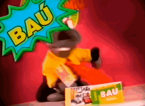 a cartoon character with a sign that says " bau " on it