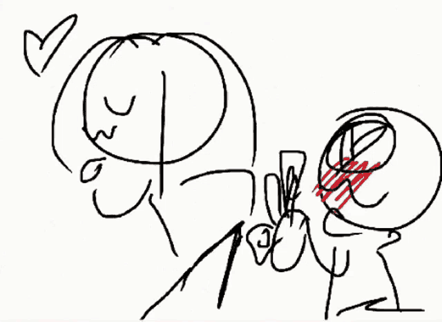 a black and white drawing of two stick figures kissing each other with hearts .