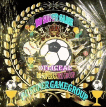 a logo for the bd super game group has a soccer ball in the center