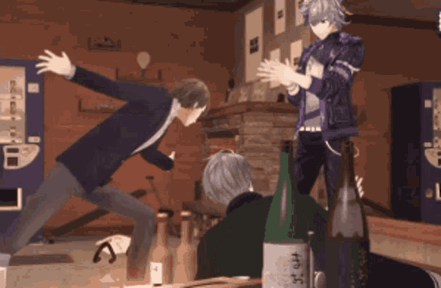 a group of anime characters are hugging in a room with bottles of alcohol and a vending machine