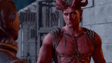 a man in a leather harness with spikes on it talks to another man in a video game