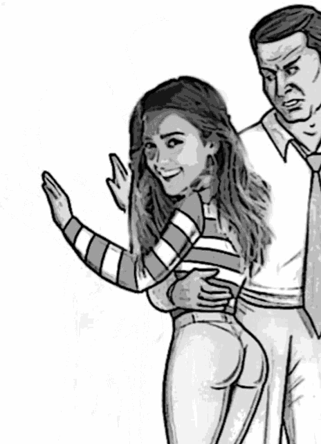 a black and white drawing of a man holding a woman 's butt