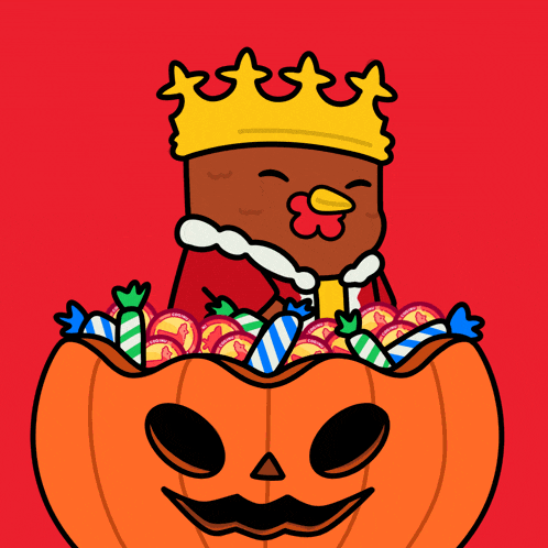 a cartoon of a pumpkin filled with candy and a king with a crown on his head