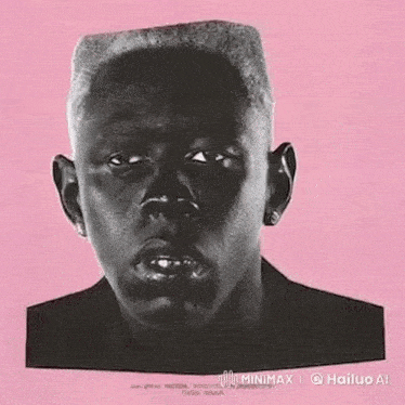 a black man with his tongue out is making a funny face on a pink background .