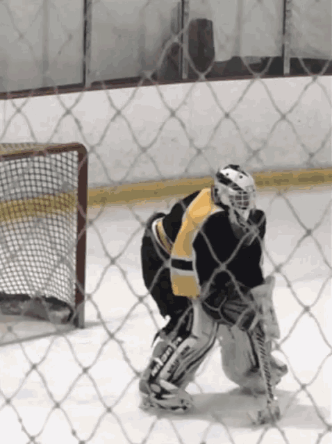 a hockey goalie wearing bauer gloves stands in front of the net