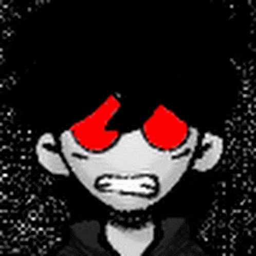 a cartoon character with red eyes and a choker .