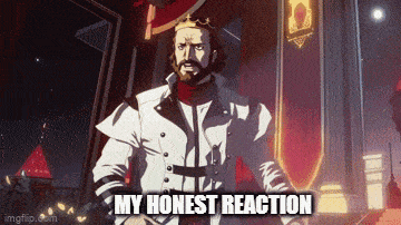 a man with a beard and a crown is standing in front of a throne and says my honest reaction
