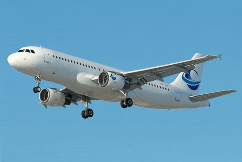 a white airplane with a blue circle on the tail