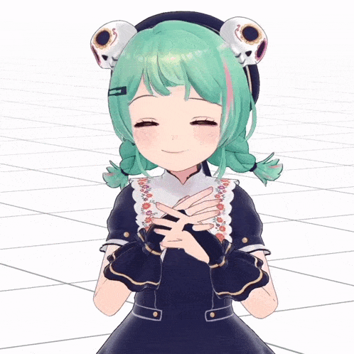 a girl with green hair and pigtails is wearing a black dress and a hat with skulls on it