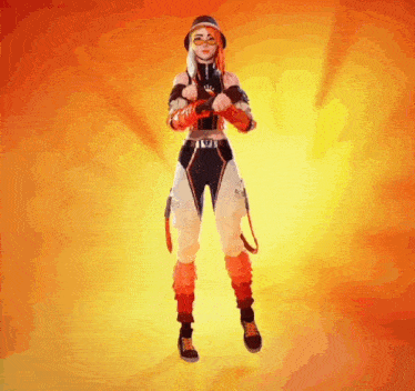 a woman with red hair is standing in front of a bright orange background
