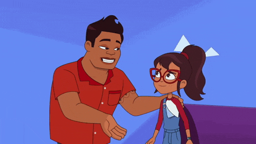 a cartoon girl wearing glasses and a red shirt is hugging someone
