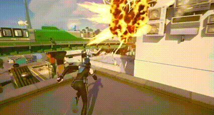 a video game character is standing on a rooftop with a huge explosion coming out of it .