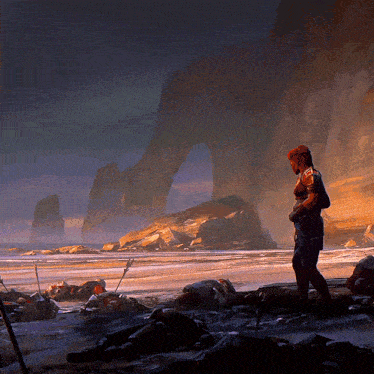 a painting of a woman standing on a beach with a cliff in the background