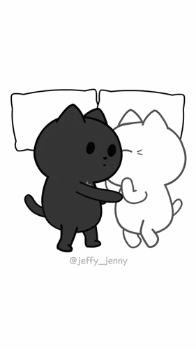 a black cat is sleeping next to a white cat in a bed ..