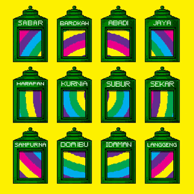 a set of green lanterns with the names sabar barokah abadi and jaya