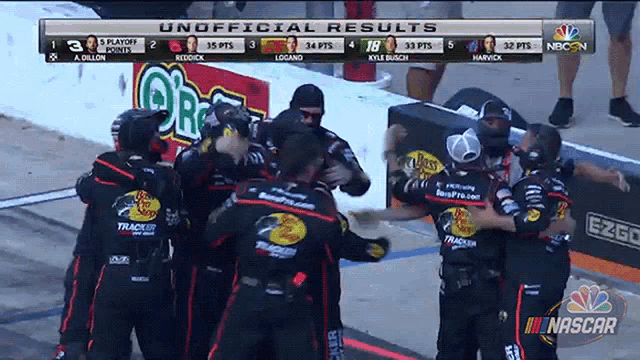 a group of people are hugging each other in front of a screen that says ' unofficial results '