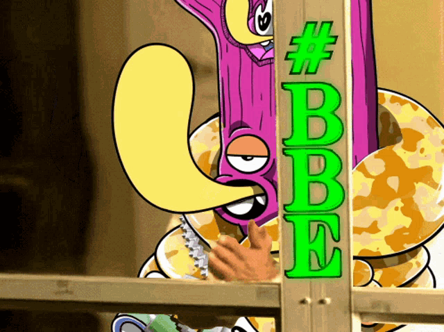 a cartoon drawing of a snake with the letters #bbe written on it