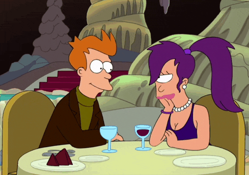 a couple of cartoon characters are sitting at a table with wine glasses