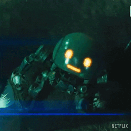 a robot with a face on it is flying through the air in a dark room .