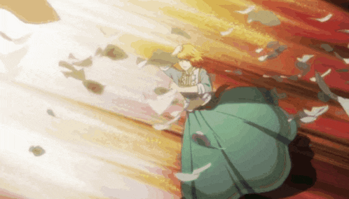 a woman in a green dress is standing in a room with feathers falling around her