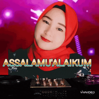 a woman wearing a red hijab is standing in front of a mixer with the words assalamu'alaikum written on it