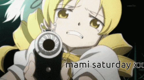 a yellow haired anime girl holding a gun with the words mami saturday xx below her
