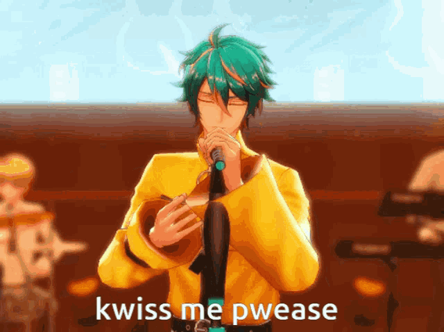 a man in a yellow jacket singing into a microphone with kwiss me pwease written below him
