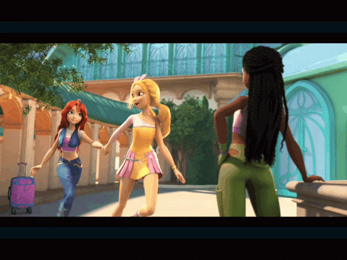 a cartoon of three girls walking down a street