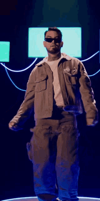 a man wearing sunglasses is dancing in front of a blue screen